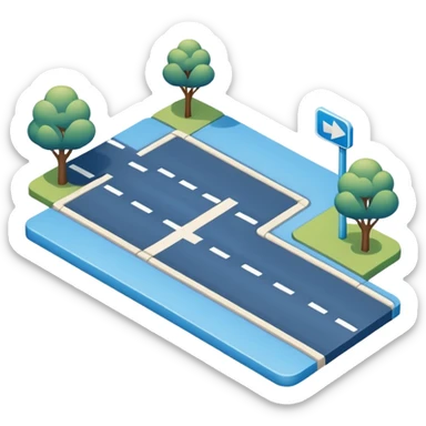 
A 3D minimal icon showing a street route with a clear path, blue road with white markings, in a clean, minimal 3D style and a transparent background. sticker