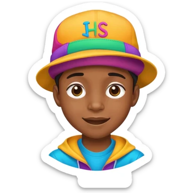 black kid with a colorful hiphop hat, happy face sticker