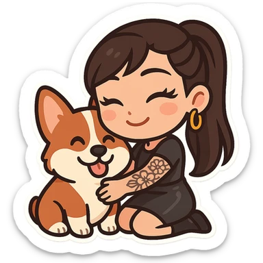 chibi sticker of an Asian girl with long hair in a ponytail, deep side bangs, black leather dress, gold hoop earrings, dramatic false lashes, and a floral 3/4 sleeve tattoo on her left arm, hugging a smiling red head tri-color corgi, simplified, emoji-like sticker
