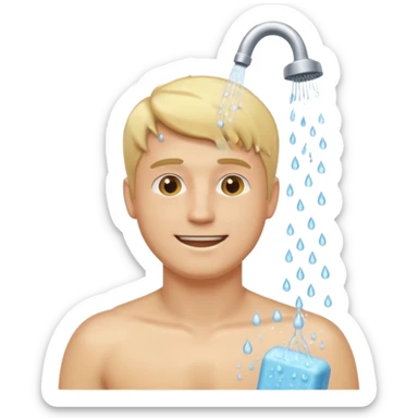blonde man showering, upper body, water and soap, modest, cheerful, emoji style sticker