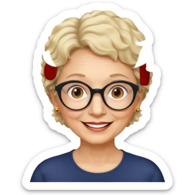 woman 70 years old, very short blonde weavy hair, brown eyes and round dark glasses sticker