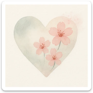 heart with sakura flowers and pink shimmer, watercolor style sticker