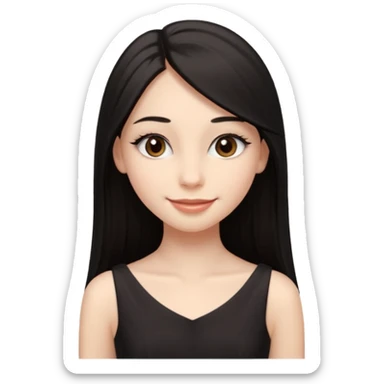 Cabelos pretos longos lisos ,olhos castanhos escuros puxadinho para cima com cílios grandes Pele clara ,nariz pequeno ,lábios mais carnudos ,adolescente 16 anos , com vestido de alinhamento sticker