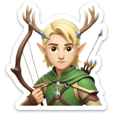 clash-of-clans-aesthetic-blond-male elf-archer-portrait-emoji, rendered in a flat, vector-style with minimal shading and bold holding his bow, simplified shapes, head tilted slightly forward with a determined, focused expression, riding a majestic stag whose antlers glow with mystical energy, set against an ancient, enchanted forest backdrop. sticker
