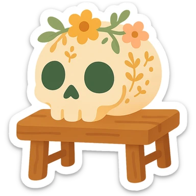 "A cute, whimsical skull resting gently on a wooden table, styled with a warm and soft color palette: golden orange (FA9B41), deep forest green (4A7C5C), muted taupe brown (96775A), and pastel peach (FFCC9A). The skull has rounded, friendly features and big, expressive eye sockets, giving it a sweet and non-threatening appearance. It is decorated with small floral or leafy patterns, and perhaps a tiny flower crown or ribbon in peach or green tones. The wooden table has a rustic charm, and the lighting is warm and magical, with gentle shadows and a cozy, storybook-like atmosphere. The overall scene feels enchanting, calm, and charming sticker