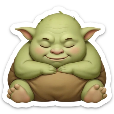 Meme-Worthy Cute Sleeping Ogre Portrait Emoji, with a surprisingly endearing, plump figure in soft earthy greens and browns, head drooping gently with closed, relaxed eyes and a content, sleepy grin, simplified yet adorably detailed, glowing with a soft warm outline that captures the peaceful slumber of a friendly ogre after a day of gentle mischief! sticker