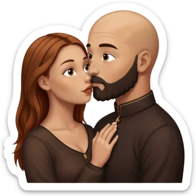 Couple. Bald man with dark brown-black beard. White woman with many small, faded freckles, she has white skin and she has auburn-brown-cinnamon, dark long hair. She has light brown eyes. The man have hazel eyes. She have light eyes. Retro style. She kisses him. Dark akademia. sticker