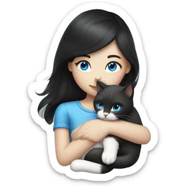 Fair skin girl dark hair hug white cat with blue eyes  sticker