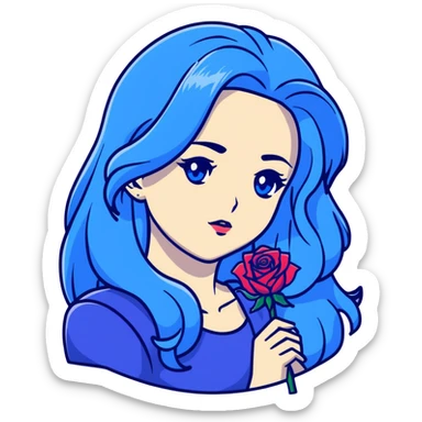 head portrait of anime girl with long dark blue hair, blue rose in hair, blue eyes, JoJo's Bizarre Adventure art style, dramatic look, head only sticker