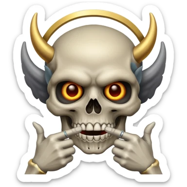 Skull mixed with demon with a halo doing shush sign sticker