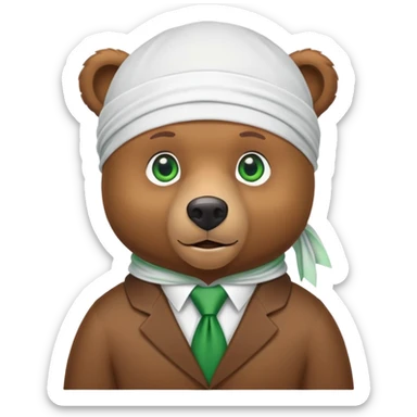 Cool brown bear with confident expression and green eyes wearing a crisp white durag with the ties showing, iOS emoji style sticker