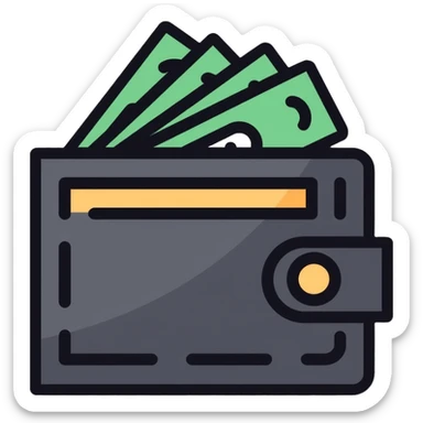 black wallet with dollar bills visible inside sticker