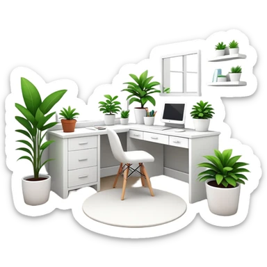 clean modern teenage bedroom with white furniture, white bed, white desk, white vanity, and potted plants sticker