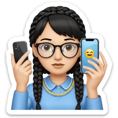 Black hair is braided to the left, bangs, horn-rimmed glasses, and only the eyes of the emoji taking a mirror selfie with iPhone white are visible, and the nose is covered with the iPhone sticker