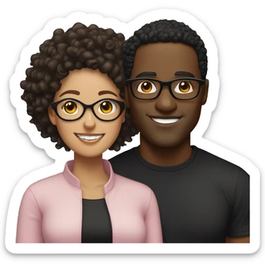 Black man, smiling, curly black hair, with black shirt and light skinned woman, curly bun, smiling, light pink shirt, black glasses sticker