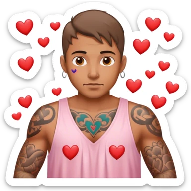 Man with tattoos in a nightgown surrounded by hearts sticker