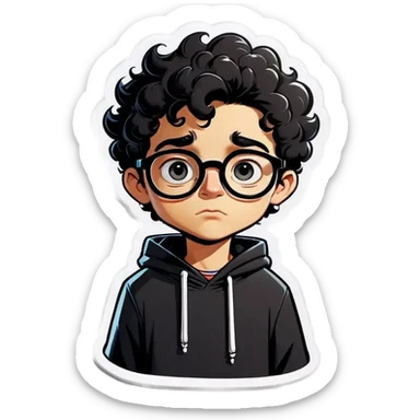 A cartoon drawing of a boy with short black curly hair with glasses and a thoughtful expression he boys face is white and he has black eyes and a black mustache. He is wearing a white hoodie. The background is a light peach color. sticker