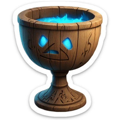 A magical goblet, large and imposing, made of aged wood with intricate carvings and ancient runes along its surface. It emits a bright blue glow, with magical flames dancing inside, symbolizing its power and mystery. sticker