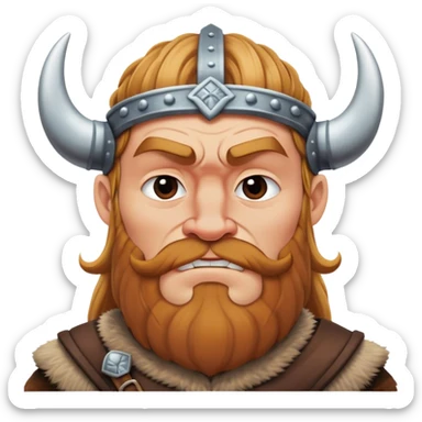  viking face with furrowed eyebrows looking upwards with thumb and index finger resting on its chin. sticker