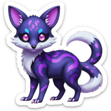 Obsidian-onyx-black fur base coat with glowing-neon-purple markings and patterns, shiny blind eyes, magical fantasy-Genet-Absol-Marsupial-Possum-Vernid-Sergal-Fakémon-hybrid, by LiLaiRa-griffsnuff, full body sticker