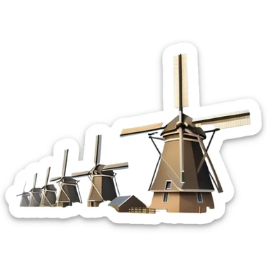 Cinematic Realistic Kinderdijk Windmills Landmark Emoji, depicted as a row of classic Dutch windmills set against a serene sky rendered with detailed textures and soft natural lighting. sticker
