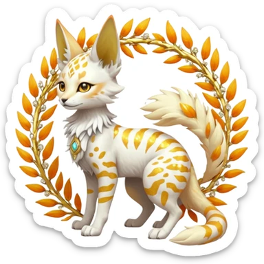Epic complex fantasy glorious detailed futuristic divine godly angelic feathery sunny, white, albino, pastel, golden, orange glowing sparkly, realistic Fakémon-Sprigatito-Floragato-Meowscarada-Trico-Sergal-Serval-Solgaleo-Vernid-creature (full body) solarpunk, shiny sparkly with gold wreaths sticker