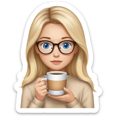 Blonde balayage long hair white women beige sweater blue eyes and small glasses holding coffee sticker