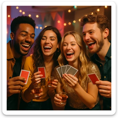 a group laughing, holding cards and shot glasses, party vibe, lively atmosphere sticker