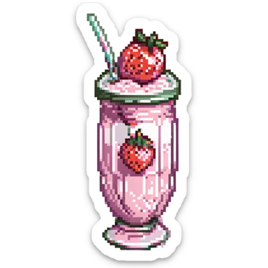 pixel art strawberry milkshake with pink hue and cherry on top, tall glass, striped straw, retro diner style sticker