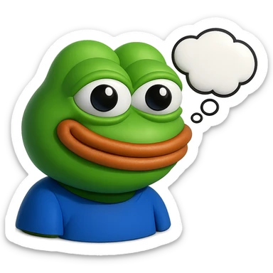 make a pepe in bright green smiling and looking straight at the camera with thought bubble looking at right right in 3d style, good highlights and shadows, drop shadows sticker