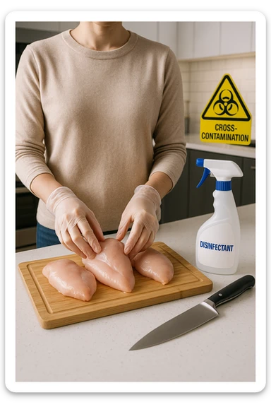 a person in a modern kitchen handles raw chicken breasts on a cutting board, wearing disposable gloves. Nearby, a bottle of disinfectant spray, a separate knife for vegetables, and a warning sign about cross-contamination are clearly visible. The mood is educational, emphasizing safe food handling. sticker