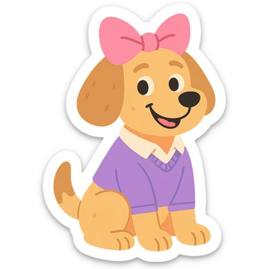 preppy dog with a pink head piece bow, sitting and smiling, pastel toon style sticker