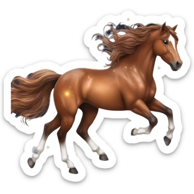 Ethereal glittering iridescent rich chestnut brown brindle horse galloping through constellations and nebulas, unicorn Pegasus sticker