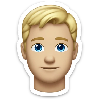 A head and shoulders shot of a 32 year old White man, with short blond hair, with none facial hair,   with blue eyes wearing a t-shirt. sticker