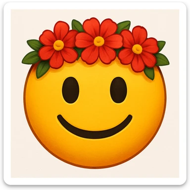 yellow face with red flower crown emoji, digital illustration sticker
