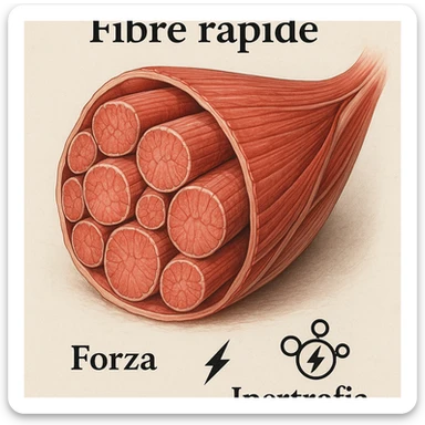 hyper realistic image of muscle section with large thick fast fibers, Italian text 'fibre rapide', 'forza', 'ipertrofia', energy symbols, anatomical details, scientific atmosphere, light background sticker