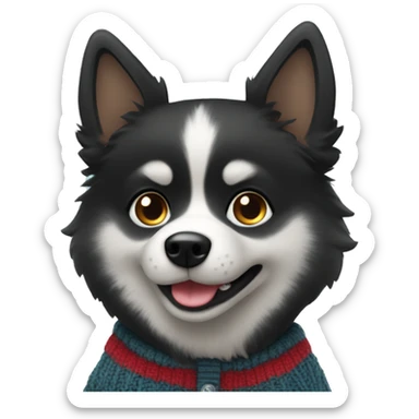 Black pomsky wearing a cardigan sticker