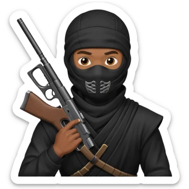 A black male in a ninja mask with a gun sticker