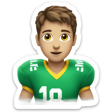 boy with brown hair and blue eyes. wearing a green and yellow shirt. holding a football  sticker