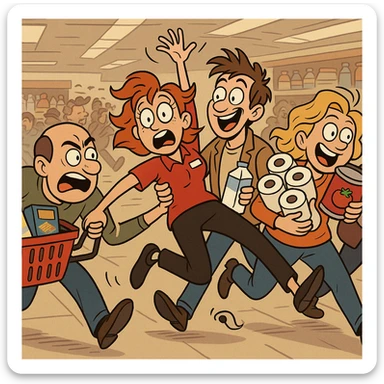 a comical scene where a crowd of supermarket shoppers runs from left to right, carrying off the salesgirl in a chaotic and exaggerated manner sticker
