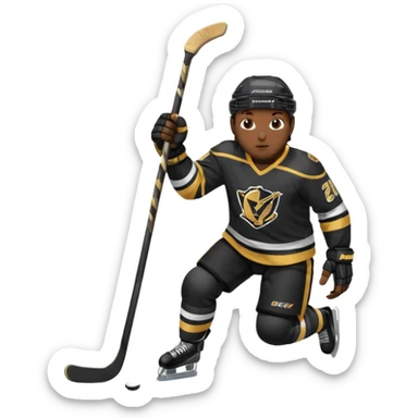 Back Shot Of Hockey Player Celebrating, sliding on one knee, with Left hand raised holding his stick by the middle of the shaft. Right Hand Touching the ice.
Black and Gold Jersey sticker