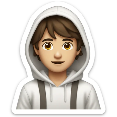 Boy with semi-long semi-dark brown hair with white hoodie sticker