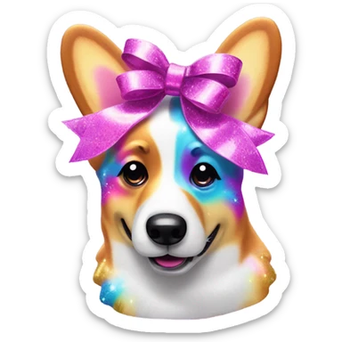 Lisa frank glitter corgi with ribbon bow on head sticker