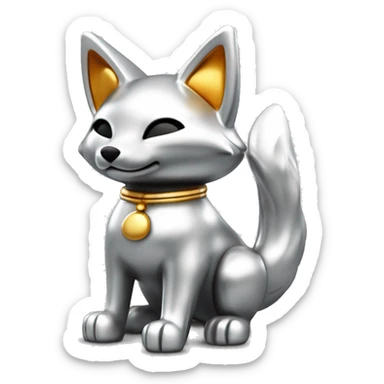 Fully chromed Maneki Neko-style fox statue in iOS emoji style, with smooth, rounded edges, reflective surface with soft light reflections. Minimalist features like the tail, raised paw, and coin. Plain white background to emphasize the chrome texture. sticker