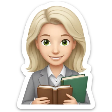 smiling English teacher with airtouch hair and grey-green eyes holding books and teaching materials sticker