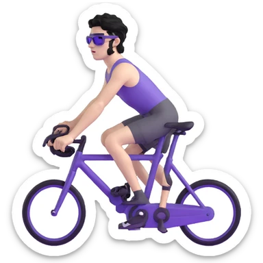 shirtless male athlete with white skin and moderately curly black hair on top with shaved sides, wearing purple bike sunglasses with black tinted lenses sticker