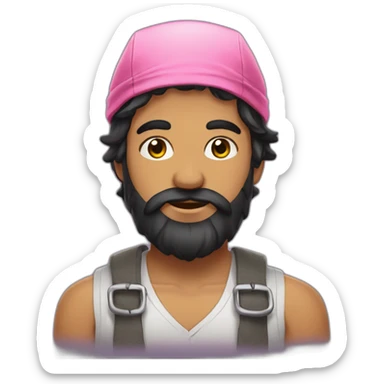 young market gardener with black long hair and fat beard with pink bandana sticker