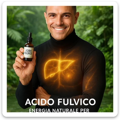 Uomo con il volto del riferimento, tiene una boccetta 'acido fulvico', energia traslucida su fegato e pelle, ambiente naturale e luminoso, piante e acqua pulita, stile wellness, testo in italiano. sticker