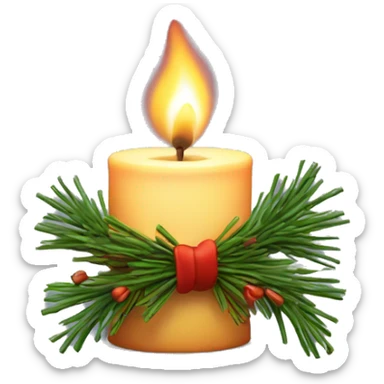 Burning candle with fir twigs and a bow around the candle sticker