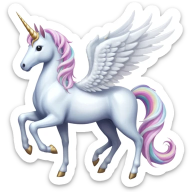 All white Cinematic Noble Unicorn with wings, slender with a flowing mane and tail and spiraled horn sticker
